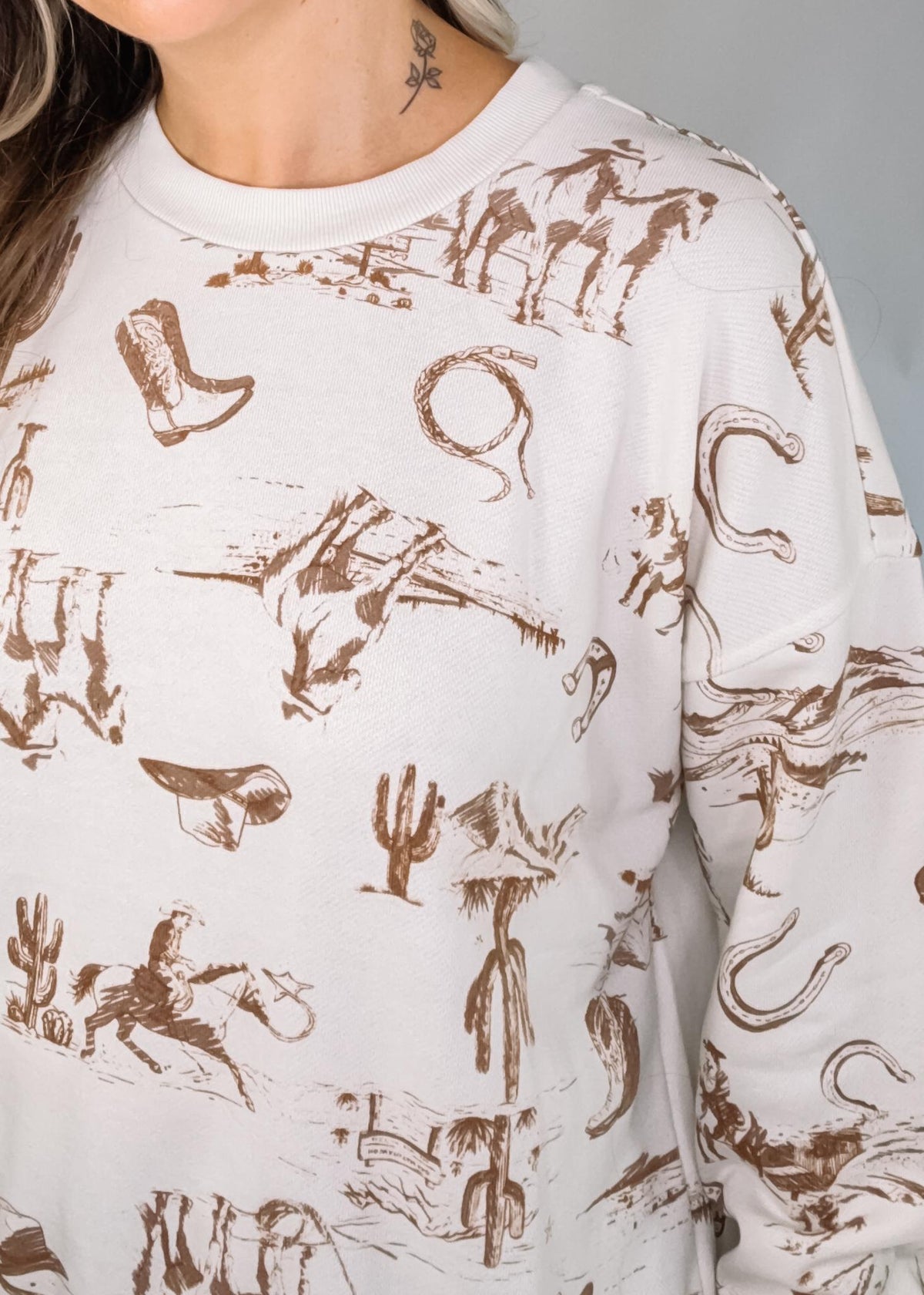 Western Print Crew Neck Long Sleeve Top