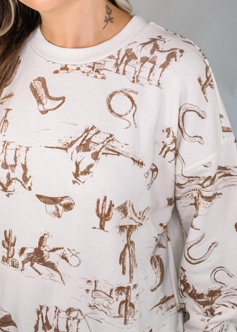 Western Print Crew Neck Long Sleeve Top