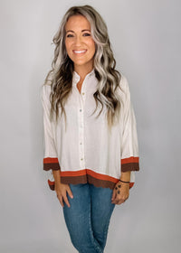 Oatmeal Button Down Poncho Top with Wavy Trim