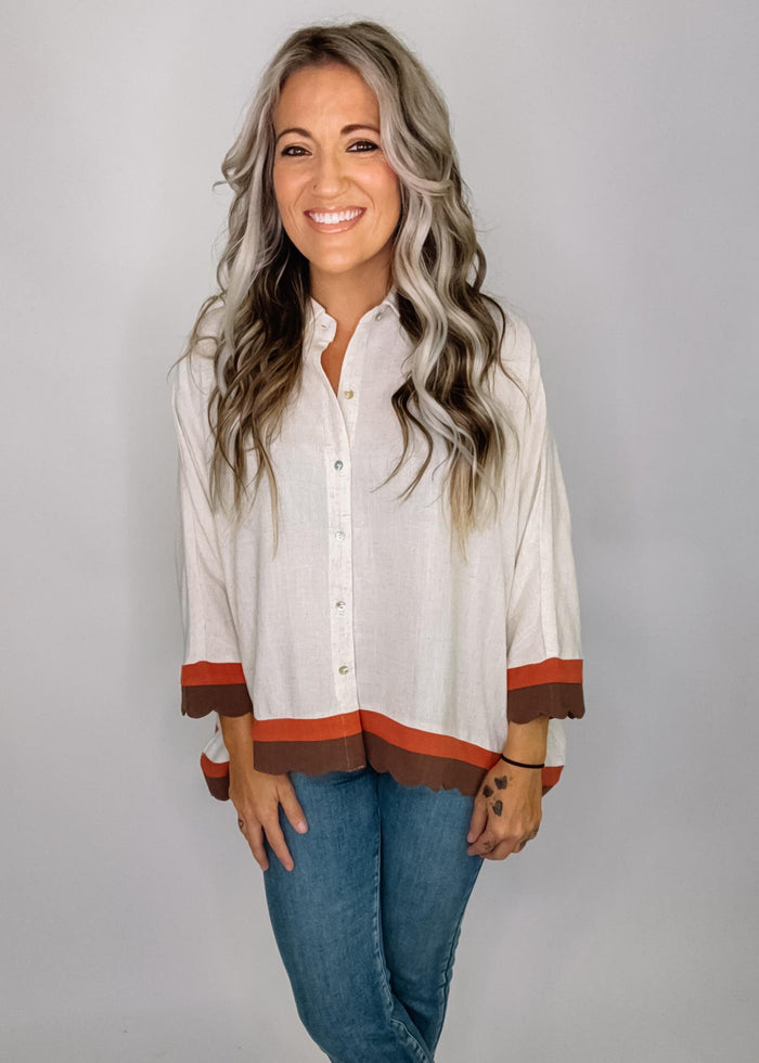 Oatmeal Button Down Poncho Top with Wavy Trim