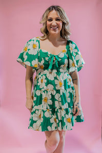 Green Floral Flutter Sleeve Dress