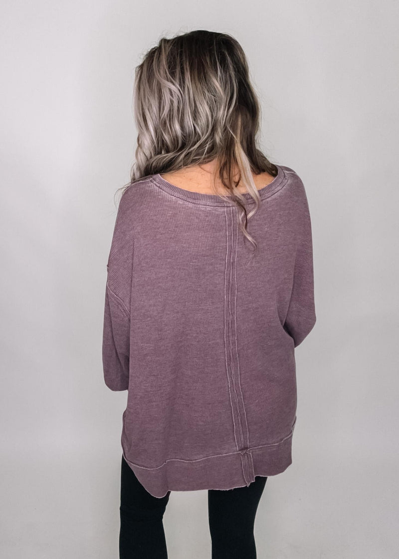 Cotton Blend Waffle Knit Oversized Long Sleeve Top