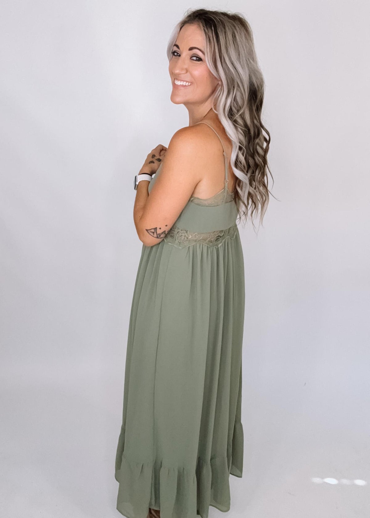 Olive Lace Trim Chiffon Maxi
