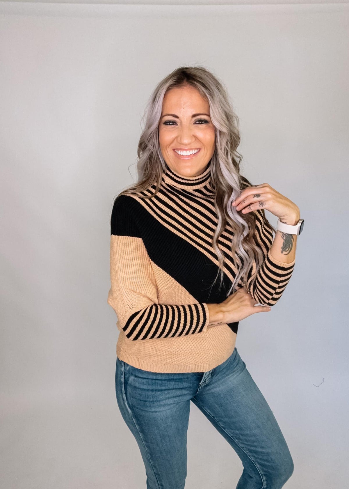 Turtle Neck Diagonal Stripe Top