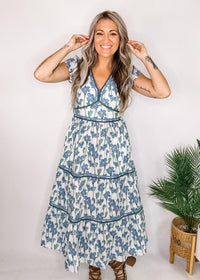 Artistic Floral Tiered Dress with Contrast Trim