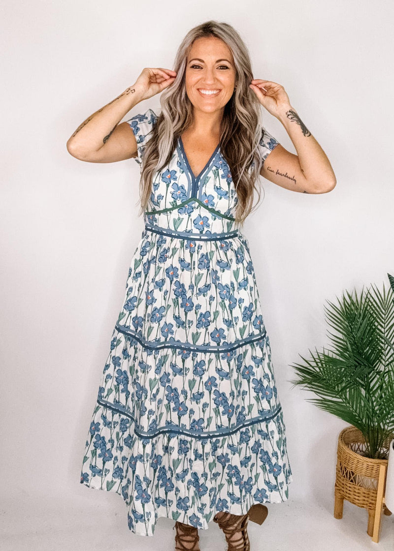 Artistic Floral Tiered Dress with Contrast Trim