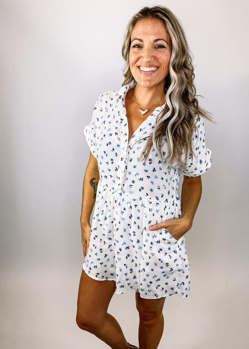 Ivory and Blue Ditsy Floral Button Down Romper