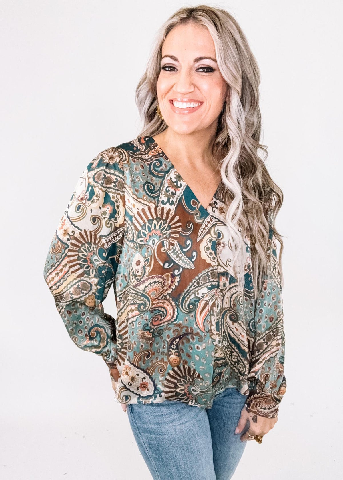 Teal Paisley Print Long Sleeve Top