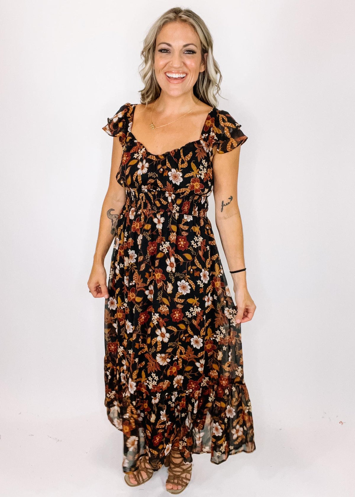 Amber and Black Lace Back Fall Floral Midi