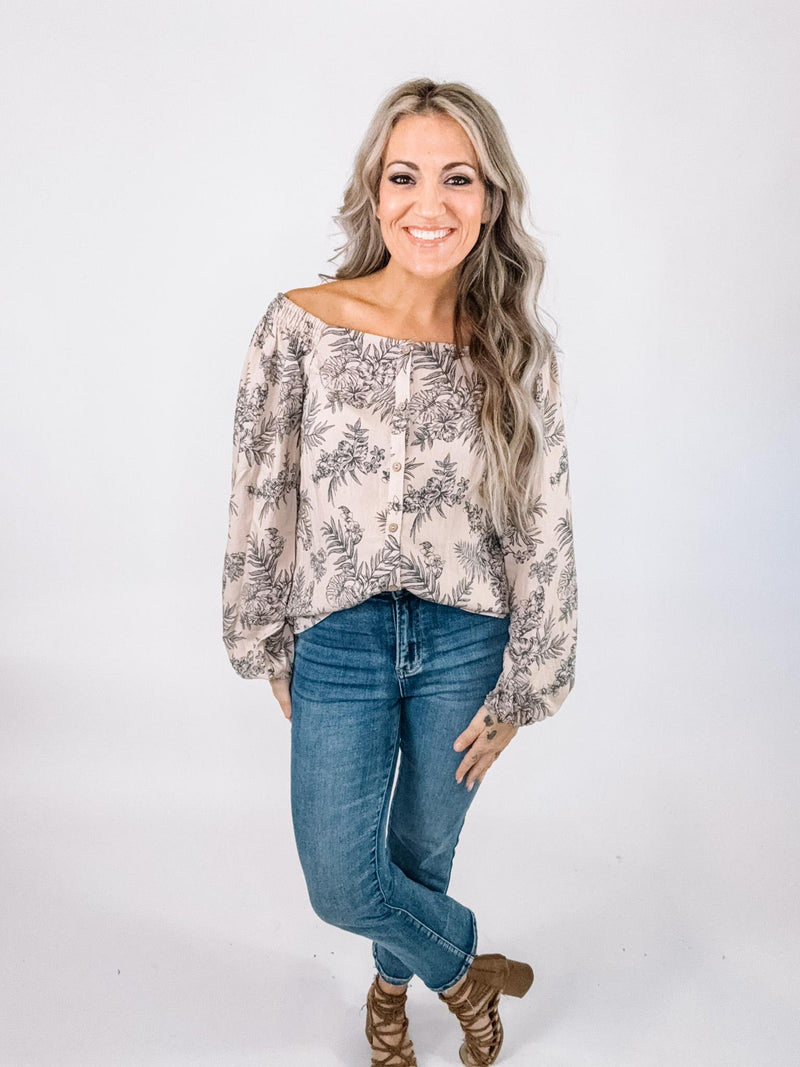 Taupe Floral Button Down Top