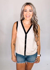 Sleeveless Button Down Ribbed Knit Top with Contrast Trim