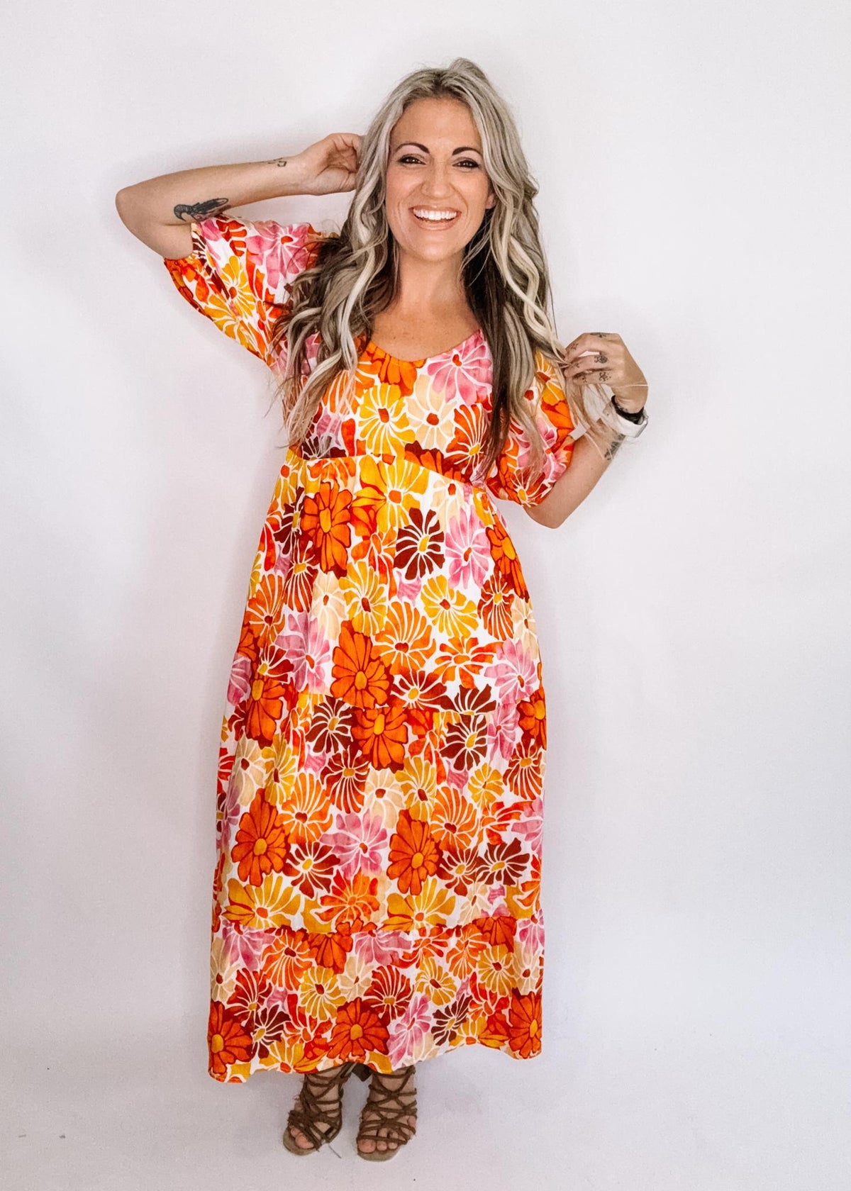 Orange Multi Flower Tiered Dress