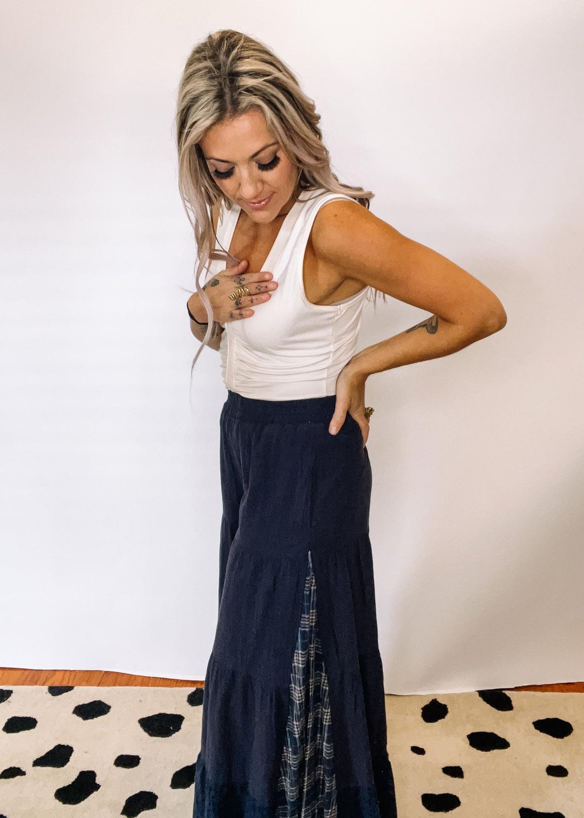 Washed Navy Palazzo Pants with Contrast Fabric