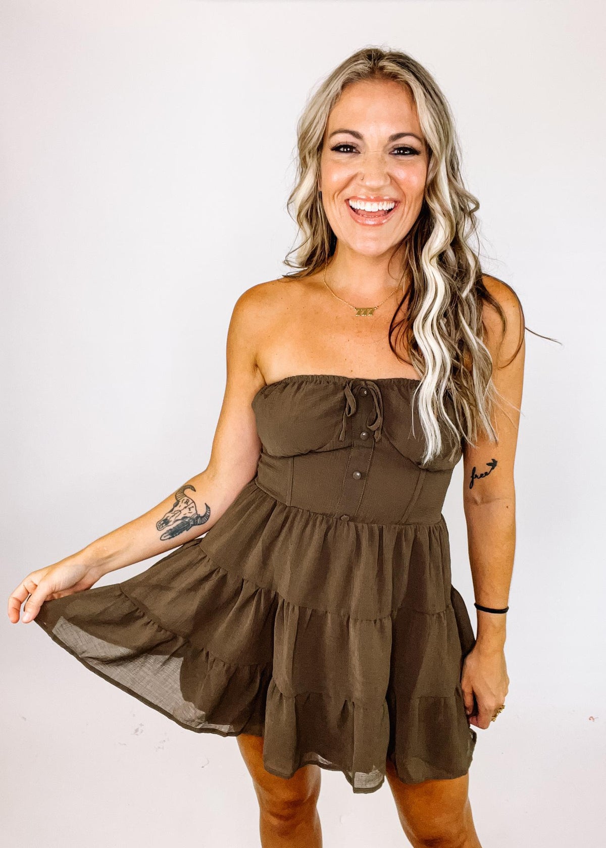 brown tiered mini dress Brown Tiered Mini Dress and Button Shirt Set
