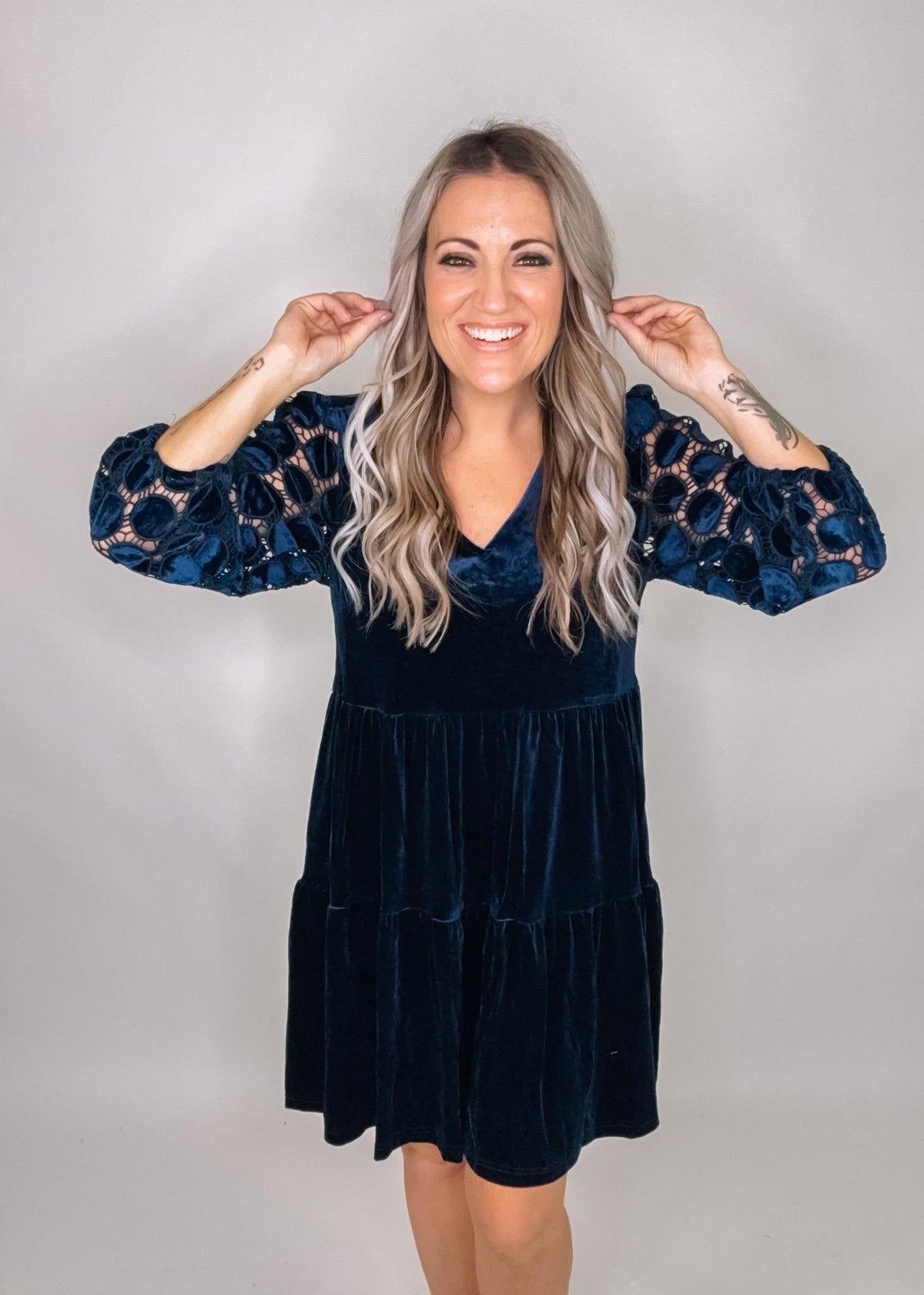 Navy Velvet Dress with Crochet Sleeves