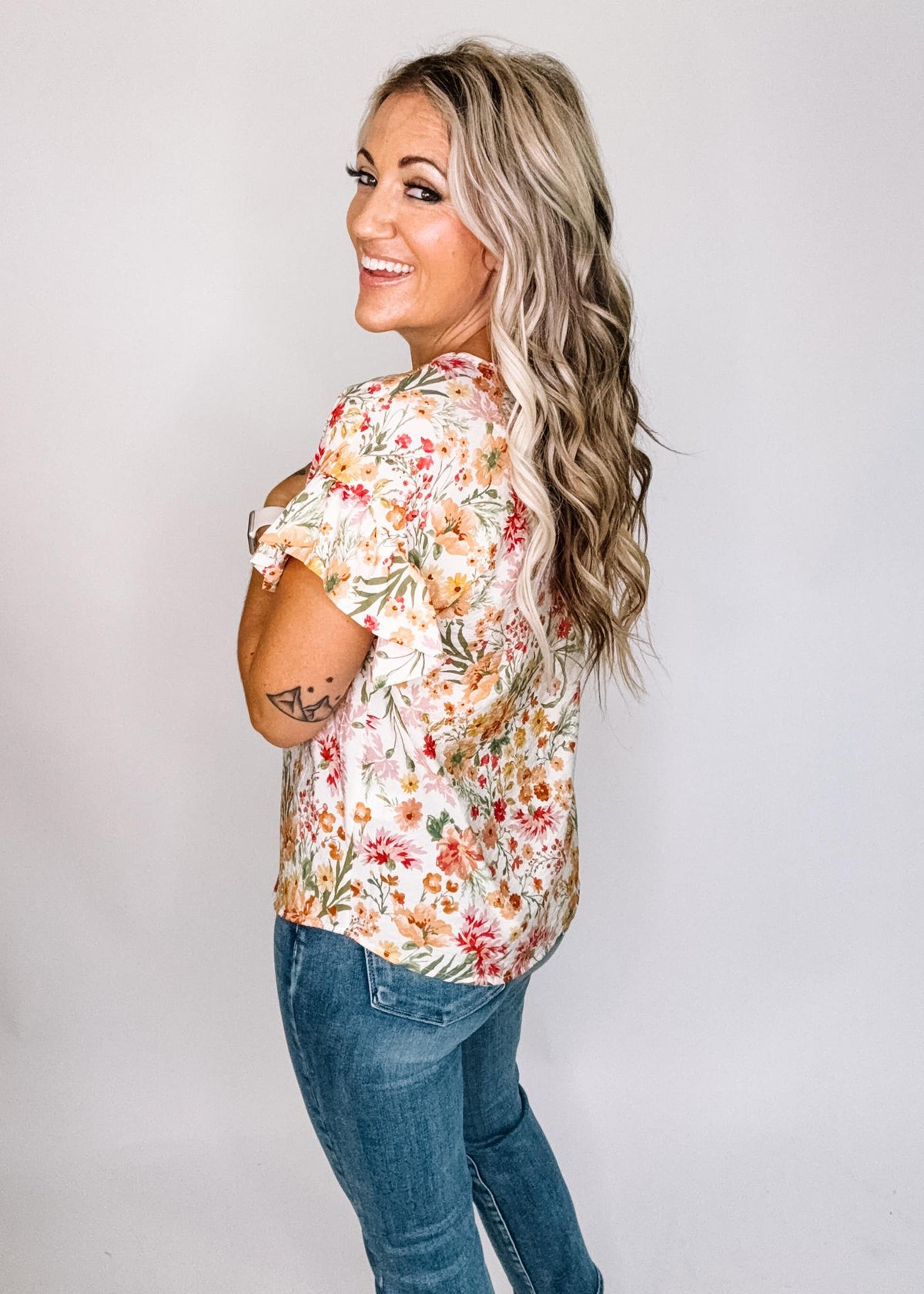 Peach Floral Top with Ruffle Sleeves