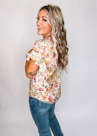 Peach Floral Top with Ruffle Sleeves