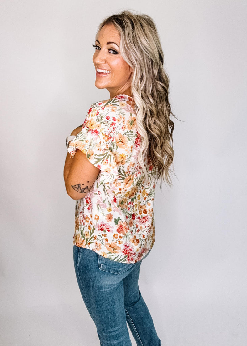Peach Floral Top with Ruffle Sleeves