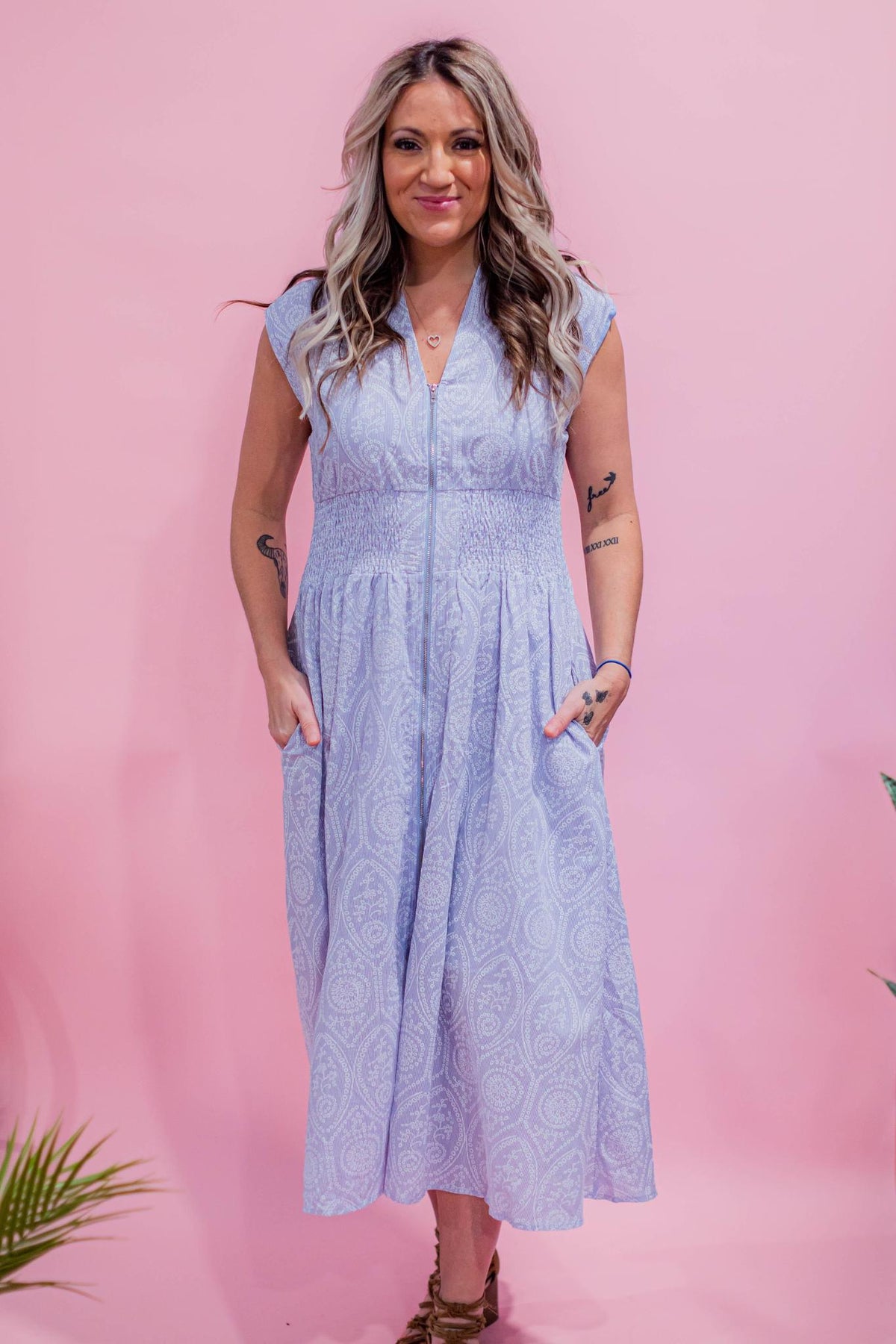 Zipper Front Light Blue and Ivory Midi Dress