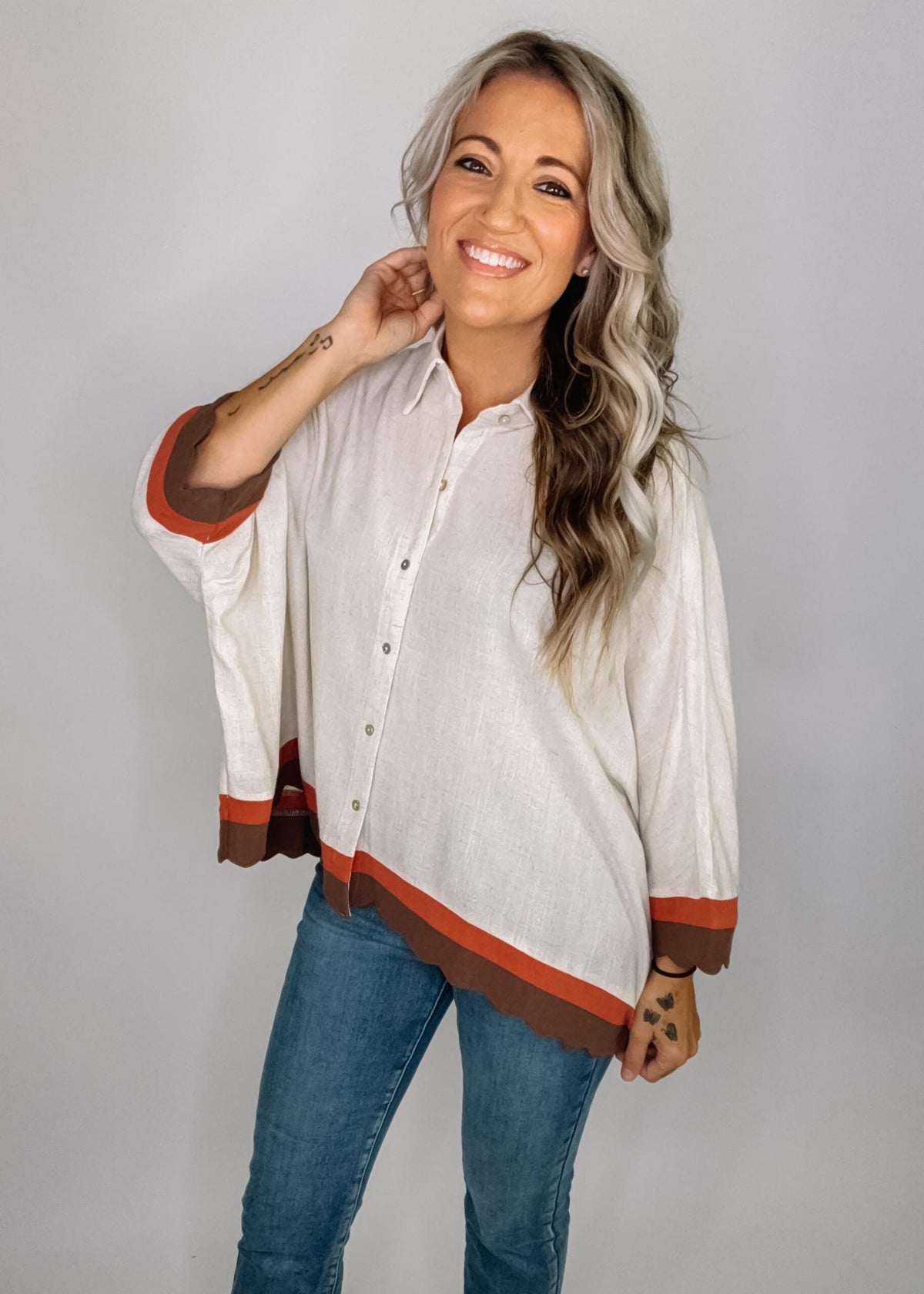 Oatmeal Button Down Poncho Top with Wavy Trim
