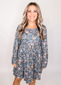 Soft Blue Floral Print Babydoll Dress