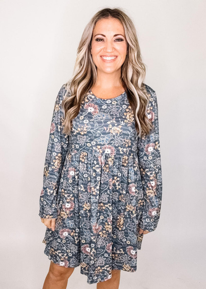 Soft Blue Floral Print Babydoll Dress