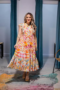 Orange and Pink Printed Midi Dress