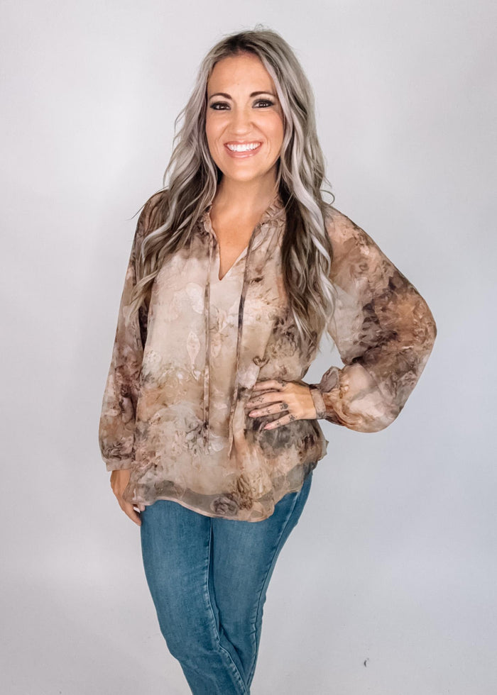 Printed Chiffon Peasant Sleeve Blouse
