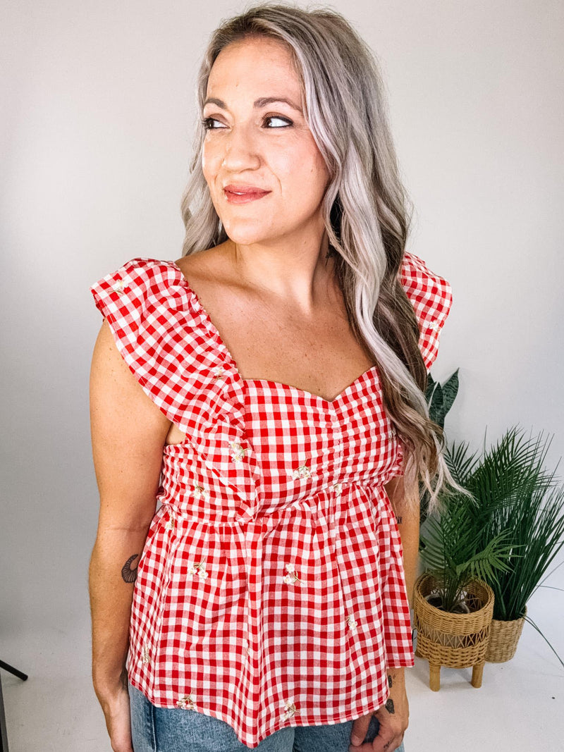 Red Gingham Babydoll with Embroidered Floral
