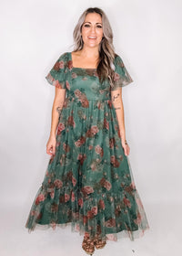 Green and Floral Mesh Maxi Dress