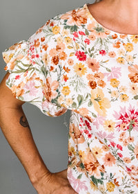 Peach Floral Top with Ruffle Sleeves