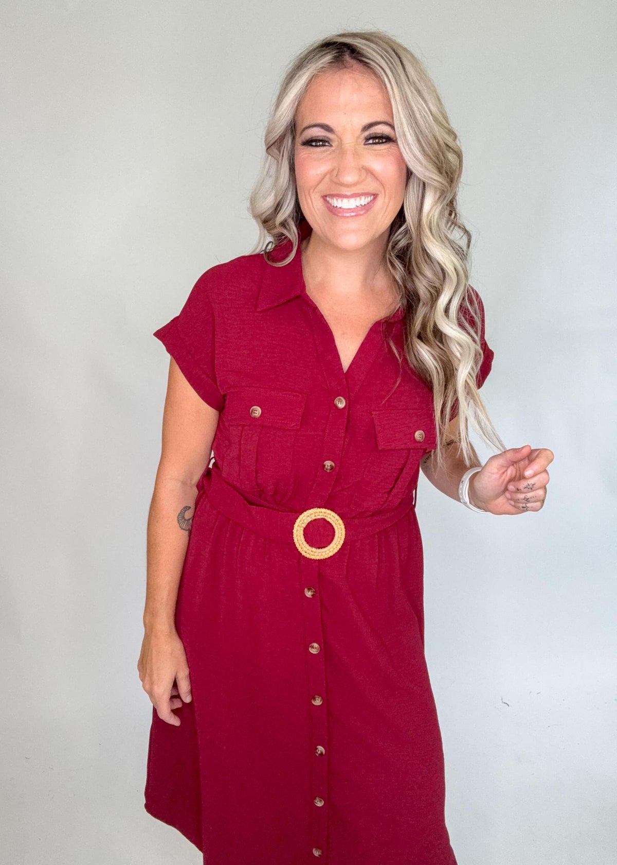 Burgundy Collared Button Down Belted Midi Dress