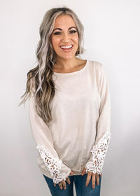 Taupe French Terry Pullover with Crochet Sleeve Detail