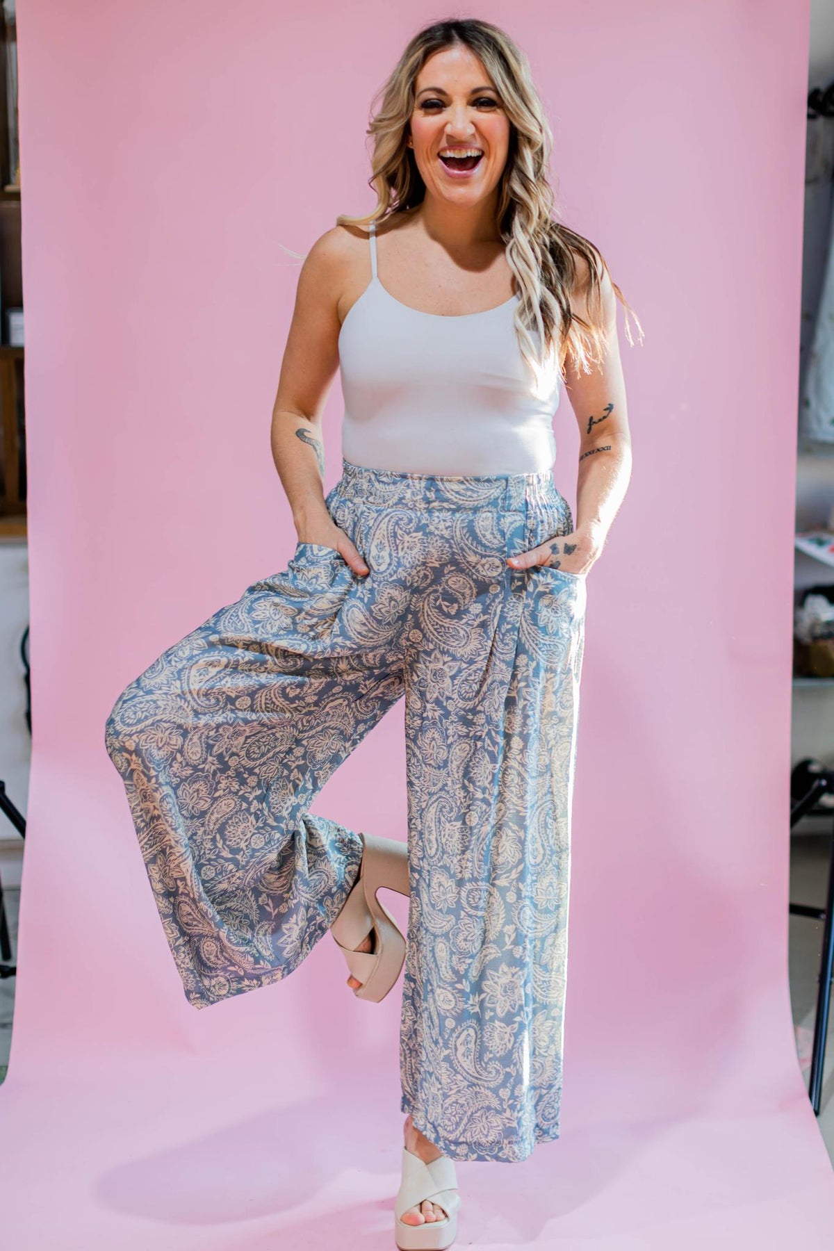 Light Blue Damask Wide Leg Pants