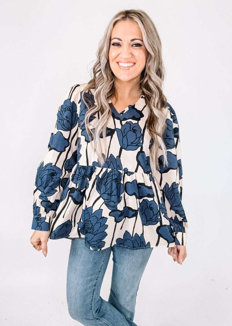 Blue Ivory Poppy Print Baby Doll Top