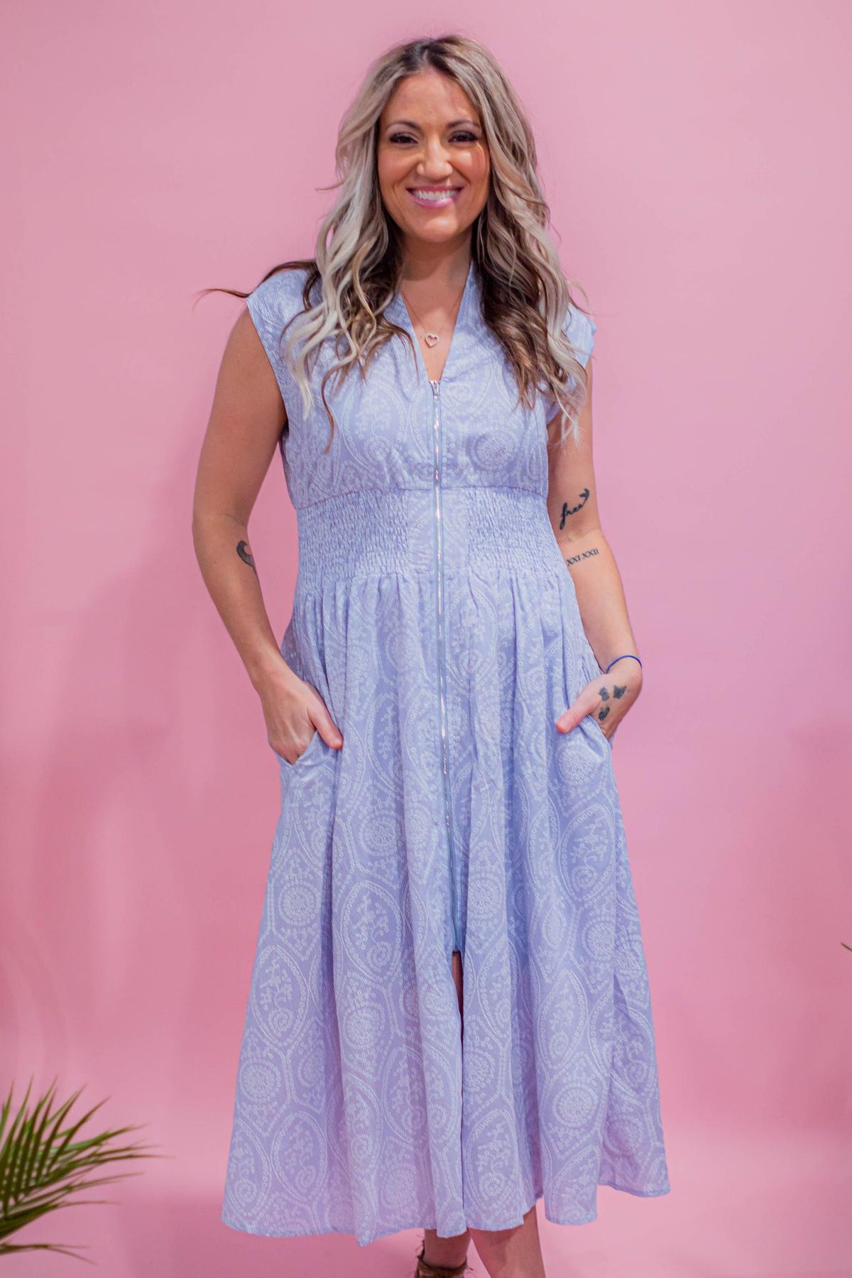 Zipper Front Light Blue and Ivory Midi Dress