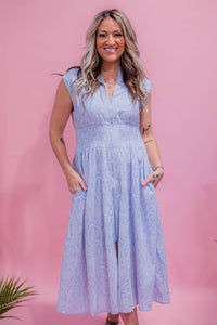 Zipper Front Light Blue and Ivory Midi Dress