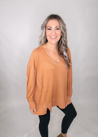 Cotton Blend Waffle Knit Oversized Long Sleeve Top