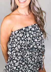 Sleeveless Ruffle Wrap Graphite Floral Romper