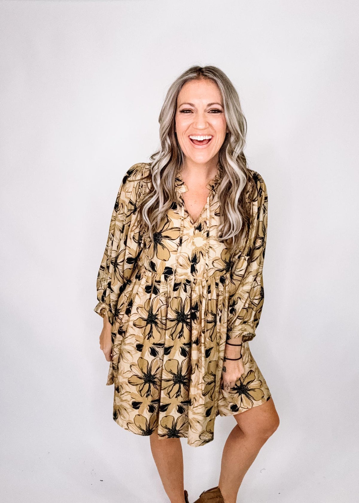 Tan and Black Floral Mini Dress