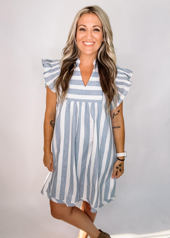 Blue and White Summer Stripe Ruffle Sleeve Dress