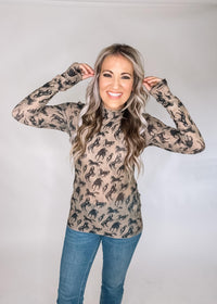 Mesh Western Horse Mock Neck Top
