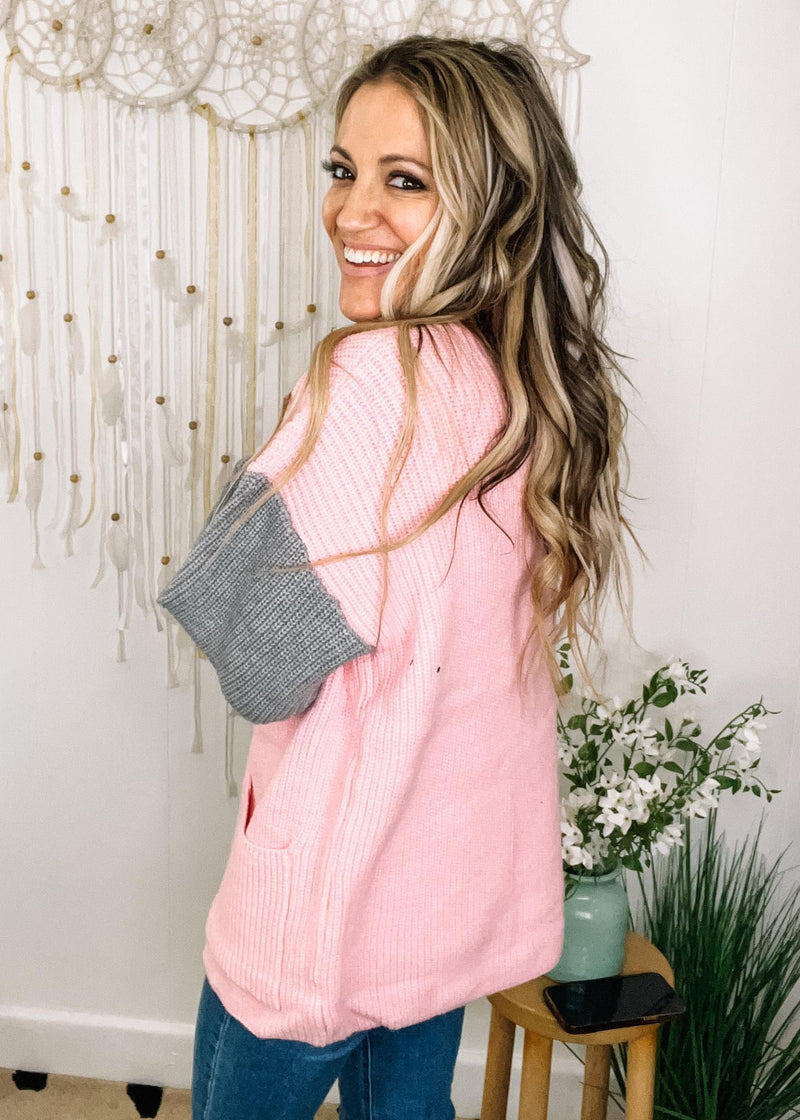 Blush Loose Fit Cardigan with Grey Sleeve Contrast