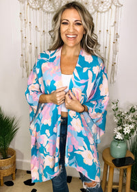 Bright Floral Crinkle Rayon Half Sleeve Kimono