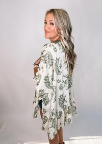 Green Lace Trim Printed Kimono