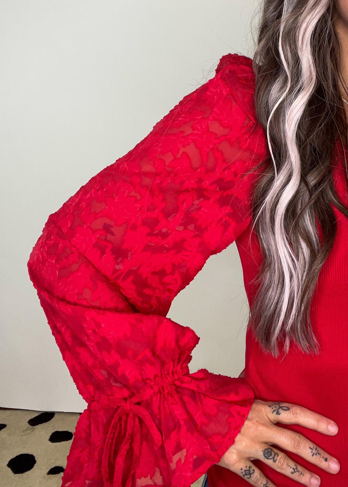 Red Lace Bell Sleeve Top Large Red Lace Bell Sleeve Top Large