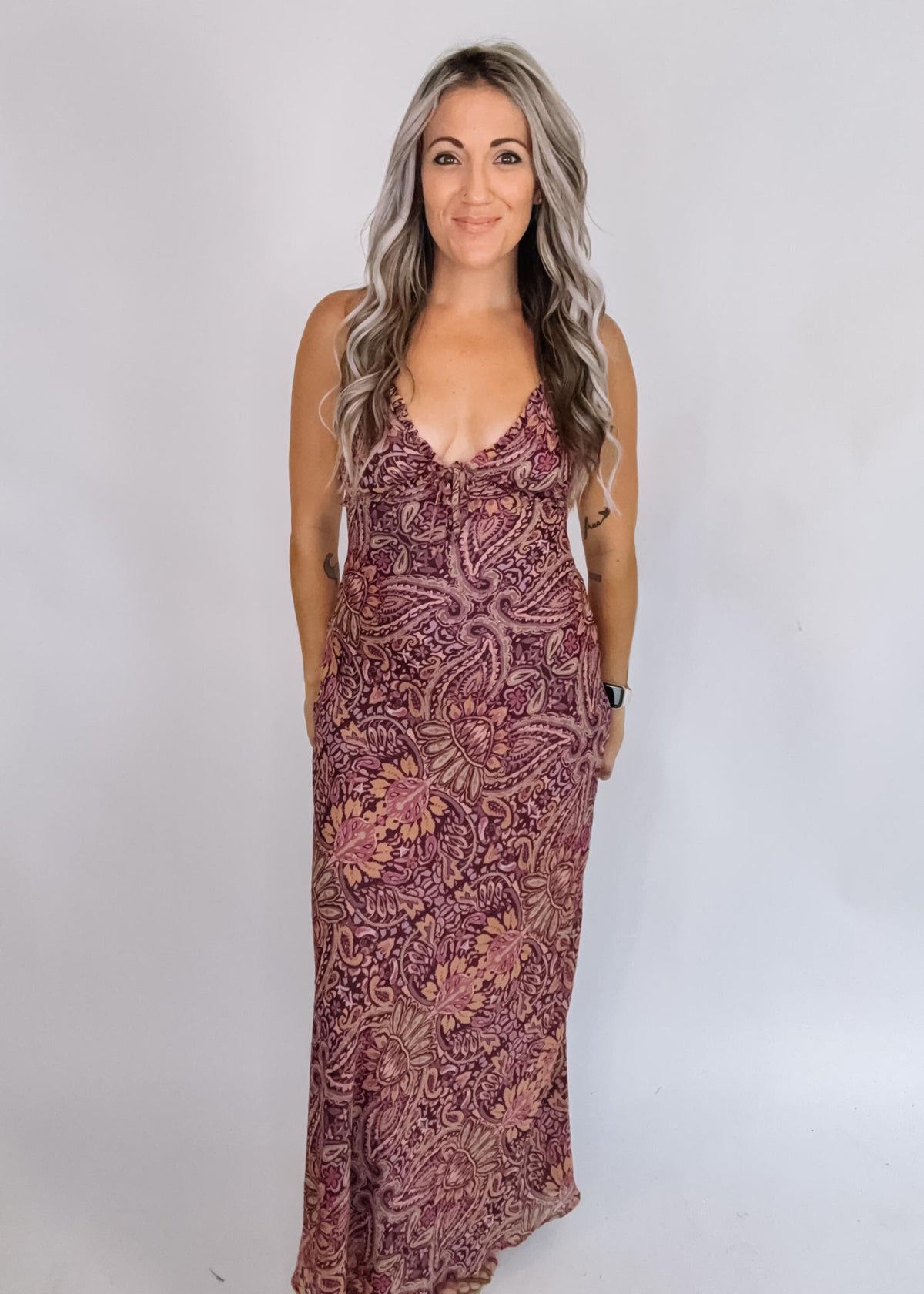 Purple Printed Open Back Chiffon Maxi