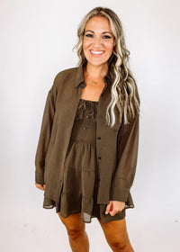 Brown Tiered Mini Dress and Button Shirt Set