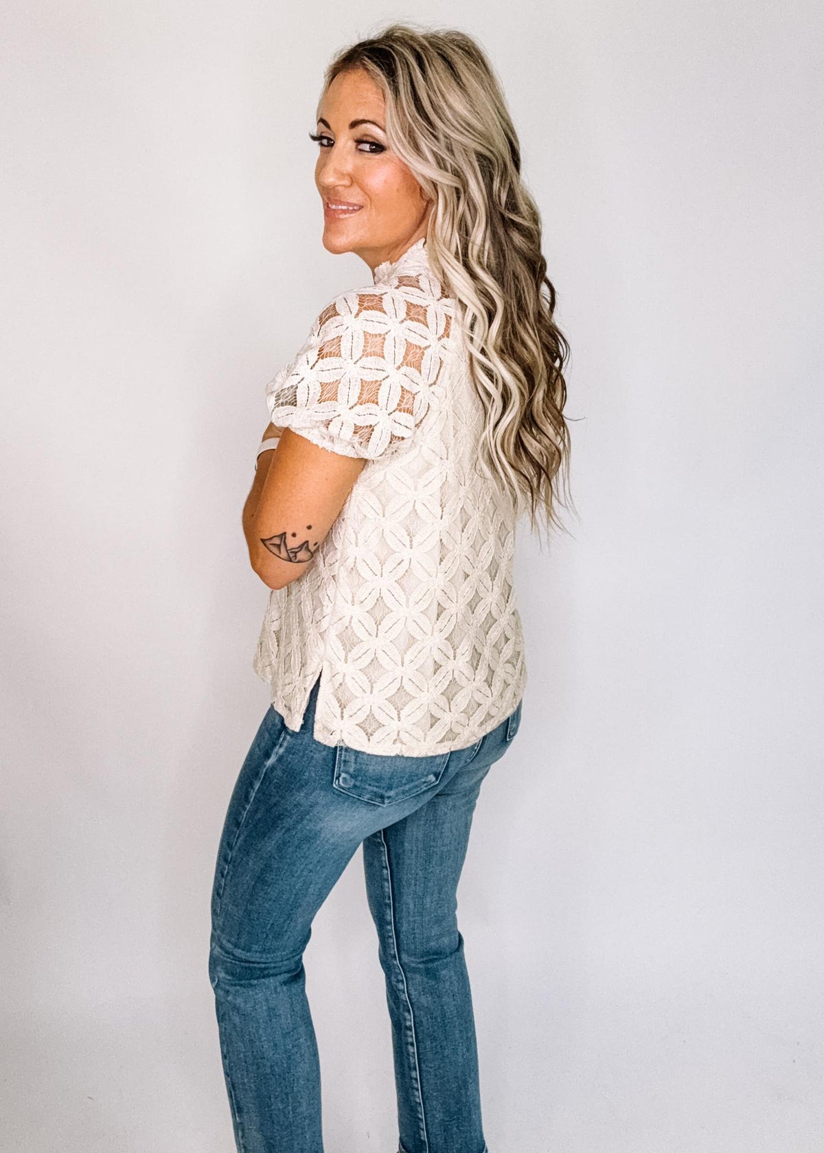 Notch Neck Puff Sleeve Lace Top