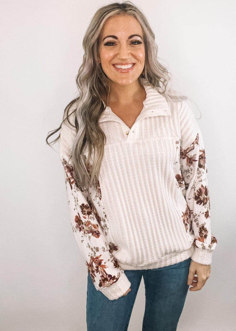 Cream Floral Drop Shoulder Brushed Knit Top